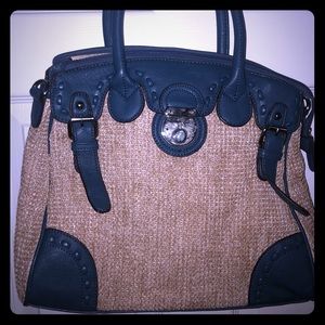 Blue and straw raffia satchel